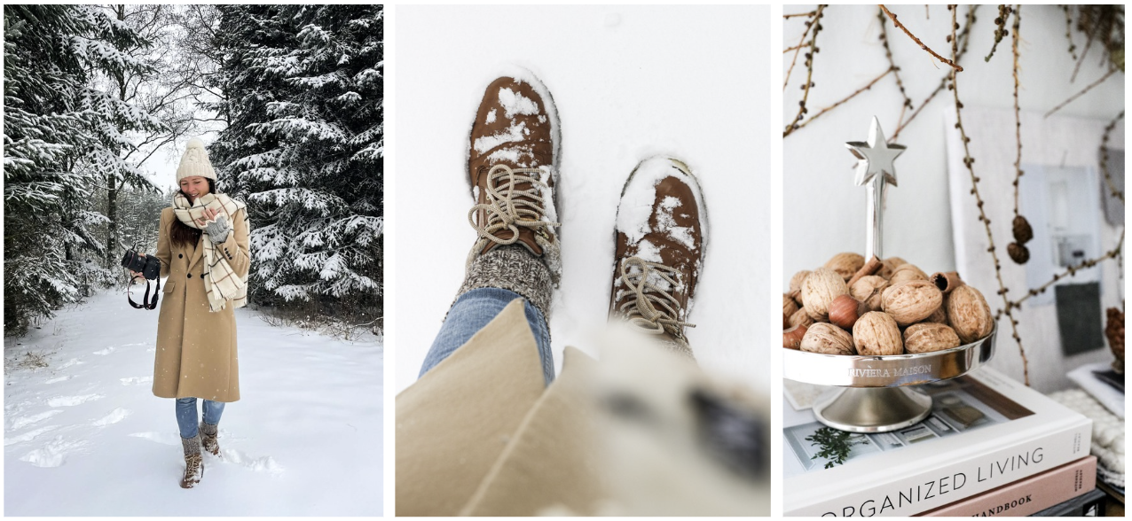 Vinterstemning med sne, natur og nordisk julepynt